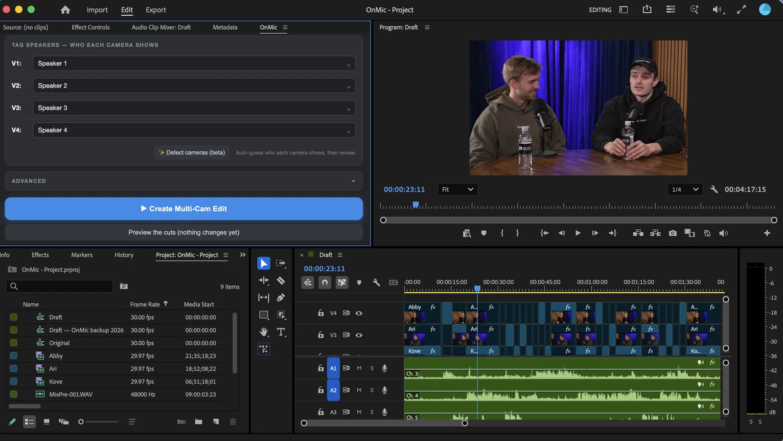 The OnMic panel in Premiere Pro: tag which speakers each camera shows, click Create Multi-Cam Edit, and review the speaking-balance breakdown.
