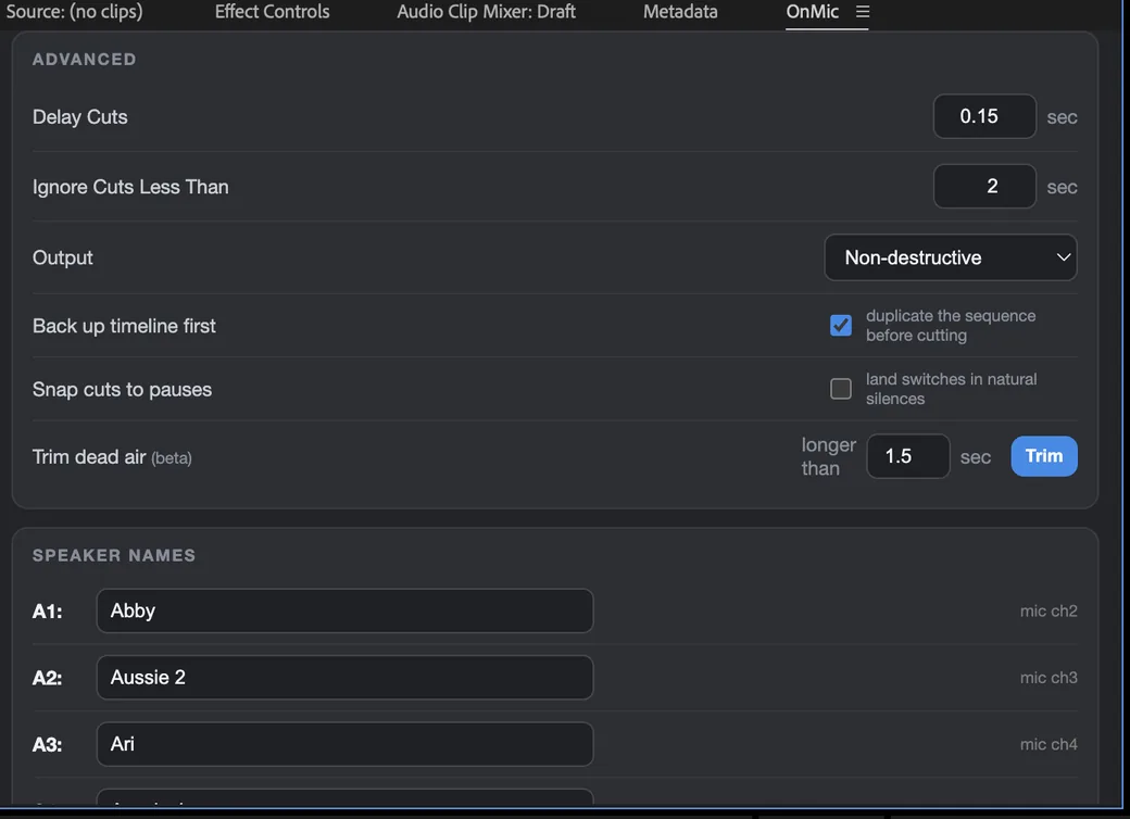 OnMic advanced settings including snap-to-pause and dead-air trimming.