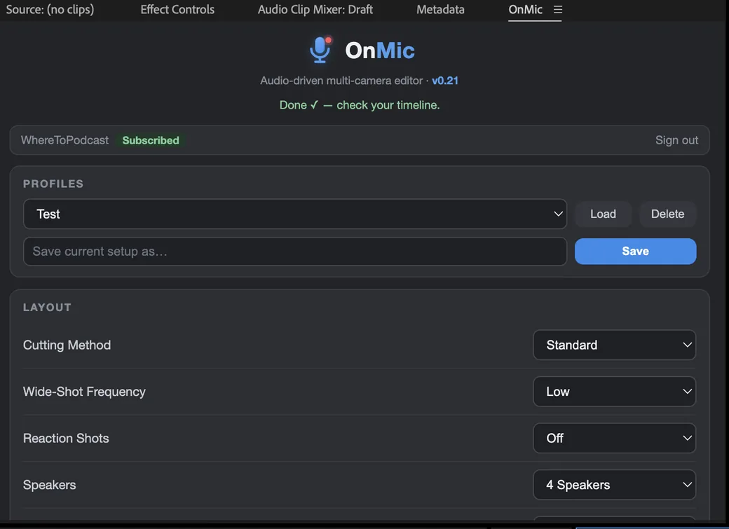 OnMic layout settings: cutting method, wide-shot frequency, reaction shots.