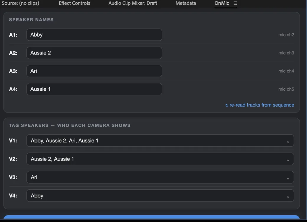 Mapping each microphone channel to a speaker name in OnMic.